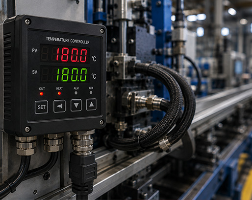 Digital temperature controller displaying 180°C in an industrial setting with heated hose connections.