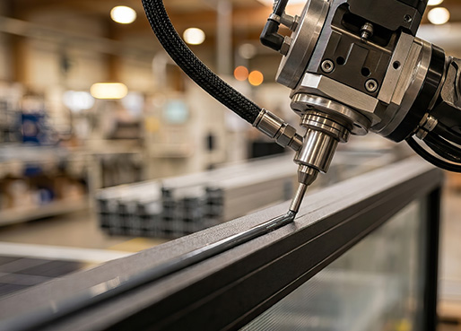 Robotic adhesive application using a heated hose in an industrial setting.