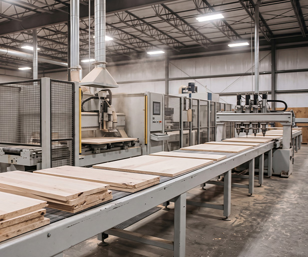 Industrial machinery processing wooden panels in a factory setting.