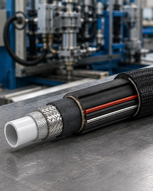 Cutaway view of a heated hose assembly with insulation and heating elements on a workshop table.