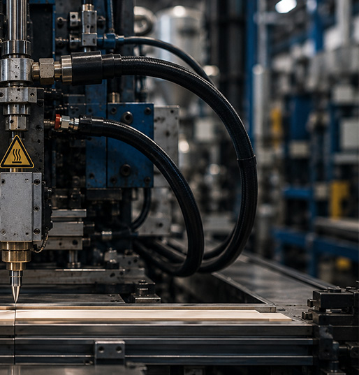 Heated hoses transferring hot-melt adhesive in an industrial setting.